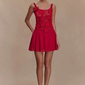 MESHKI - BRAND NEW Mesh Mini Dress With Flowers in Ruby